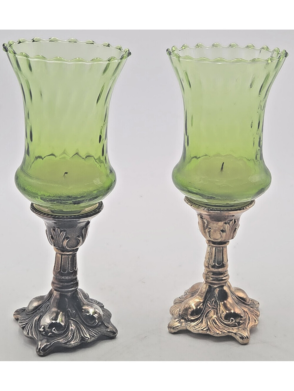 Vintage Italian Green Glass Silverplate Hurricane Candle Holders Pair Japan